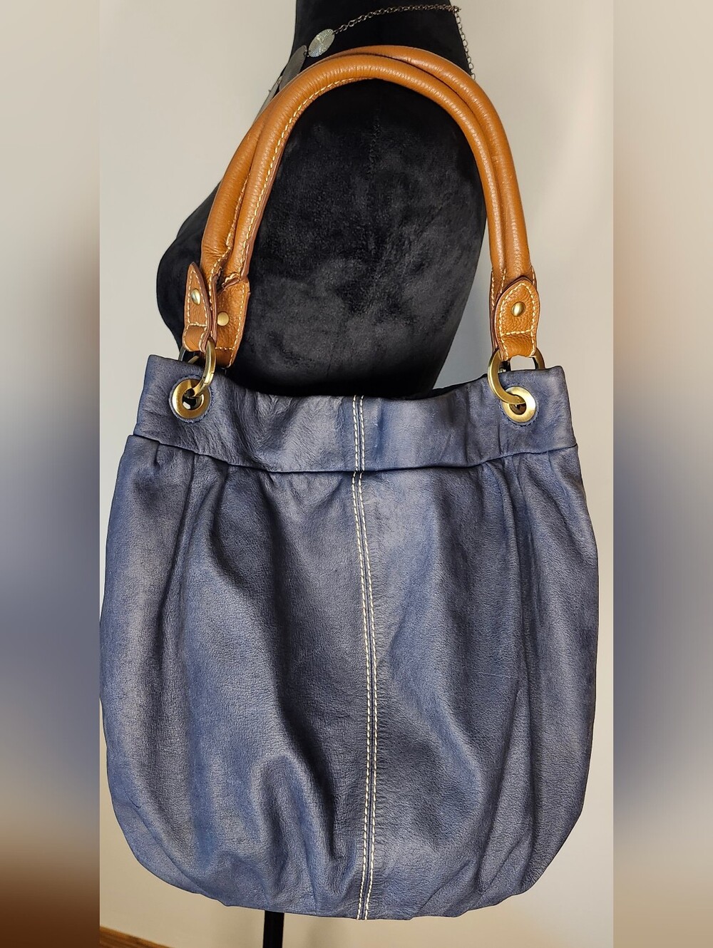 Blue Leather Slouchy Hobo Shoulder Bag Soft Minimalist Draped Purse